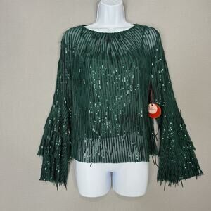 Eva Franco Anthropologie Sequin Fringe Acadia Top Womens XXS Green Glitter Pine